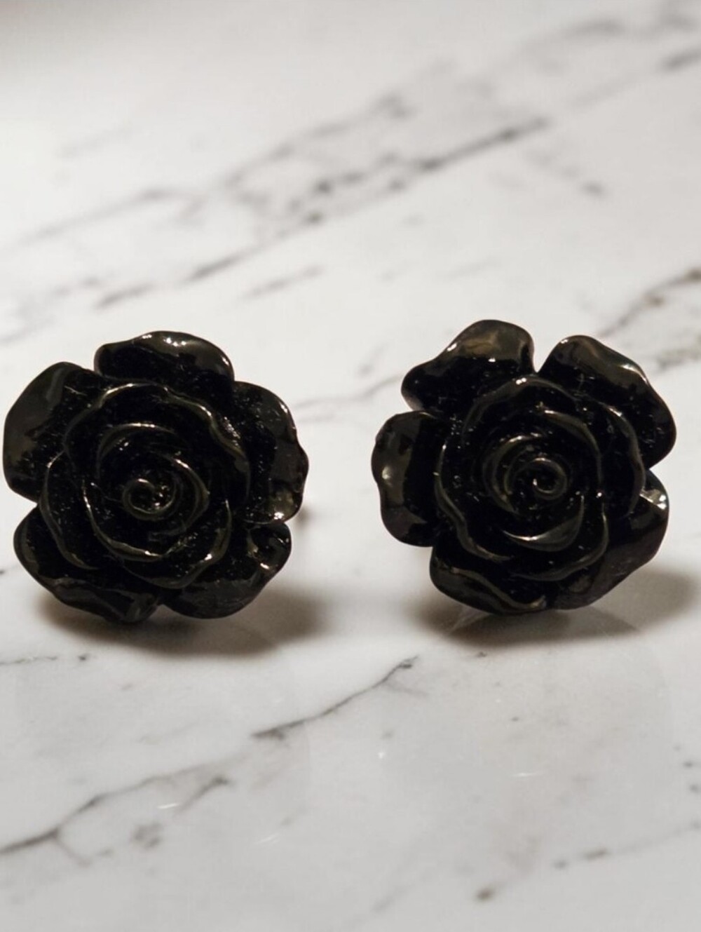 Handmade Black Rose Cabochon Stud Earrings Goth Romantic NWT